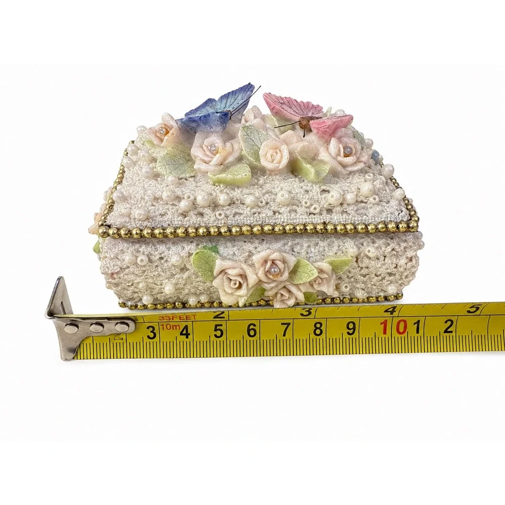 Vintage Style Butterfly Rose Lace Trinket Box Faux Pearl Rhinestone Jewelry Case